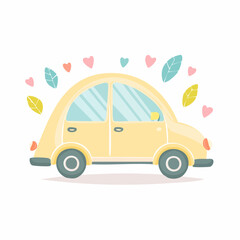 Charming Yellow Cartoon Car Illustration Adorned with Floating Hearts and Gentle Leaves, Symbolizing Happy Journeys and Sweet Adventures on a Whimsical Road