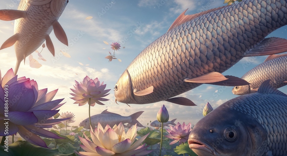 An impossible yet serene vision merges air and water, presenting graceful movement and symbolic harmony between living creatures and blooming forms in a tranquil dream world.