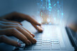 © Who is Danny - Closeup of hands typing on laptop keyboard with glowing data flow hologram and binary code, symbolizing digital technology and cloud computing.