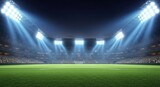 Brightly lit soccer stadium with green field and packed stands at night