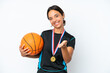 © luismolinero - Young basketball player woman isolated on white background shaking hands for closing a good deal