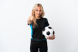 © luismolinero - Young Russian woman playing football isolated on white background shaking hands for closing a good deal