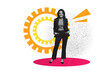 © deagreez - Composite art 3d creative image collage of happy businesswoman stand gearwheel optimization icon mechanism development aim