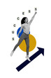 © deagreez - Vertical photo collage of happy businesswoman superhero pose fly success arrow pointer development career growth aim achievement