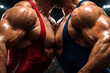 © ZAY - Two muscular men in wrestling singlets face off in a intense competition arena viewed from a low angle