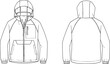 © MdAnoar - Technical flat hooded jacket front back view fashion line drawing winter outerwear apparel template for clothing design production use