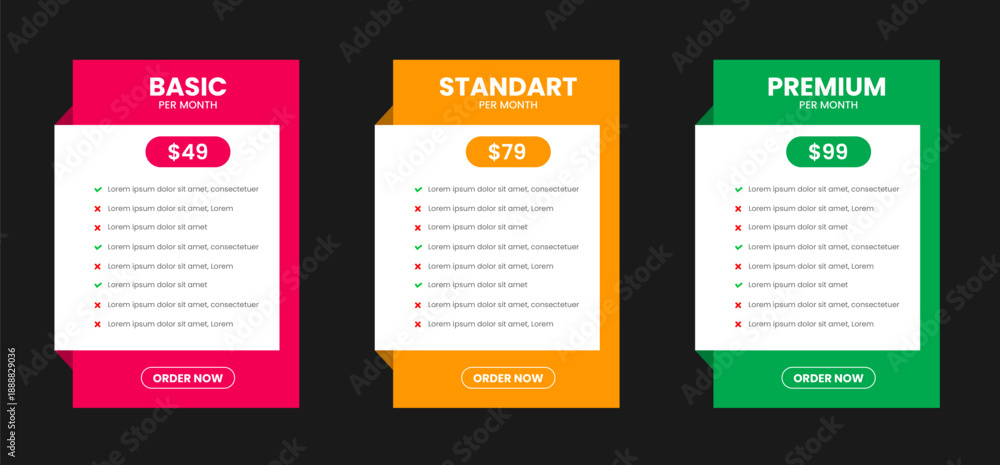 Professional ThreeTier Subscription Pricing Plan Comparison Table with ...