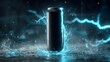 © Margarita Ratatosk - Stylish matte black energy drink can with neon blue liquid splash and lightning. Mockup for beverage packaging design and advertising.