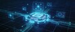 © zhou yan - Futuristic quantum computer core architecture with glowing cyan technical blueprint lines, floating data nodes, holographic processor diagrams, and geometric engineering schematics on deep navy blue b