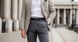 © Platon - A detailed shot of a man's torso wearing a beige blazer, white shirt, and grey trousers. Focus on the belt, watch, and fabric texture