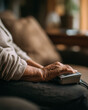 © Edhar - elderly hand holding television remote control while sitting on sofa home entertainment and senior leisure concept