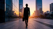© gavin - Determined businesswoman silhouette walking through modern city street at beautiful golden hour sunset