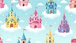 © florynstudio3 - Colorful castles floating amidst fluffy clouds with stars in a cheerful, repeating pattern