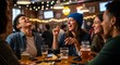 © Platon - Friends Laughing at a Bar. A group of young adults laughing and talking while sitting at a wooden table in a cozy, dimly lit bar with beers and snacks