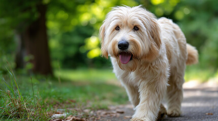  Overweight dog starting fitness journey with gentle walk in lush green park, motivational signs for canine fitness month in background, encouraging healthy lifestyle for pets, with copy space