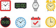 © S.P - Timekeeping icon set, analog and digital clocks, wristwatch, calendar, stopwatch illustrations, vector graphics, scheduling theme, punctuality and planning design