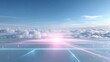 © Matcha_09 - Futuristic landscape with glowing lines and bright light above fluffy clouds under a clear blue sky featuring a serene and ethereal atmosphere