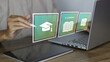 © denis - Education technology concept showing a person using a laptop and tablet with digital e-learning icons. Perfect for illustrating online study, remote webinars, and modern academic certification