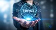 © Budi - Businessman presenting global service support via digital communication connection. Smart network technology solution for business automation system. Virtual online assistance for client care.