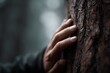 © Chandlerlikes - Man touching tree trunk close up, emotional connection to nature concept