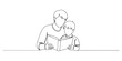 © Haus - Continuous one line of a parent reading aloud to a child, representing literacy in homeschooling, drawn vector illustration.