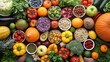 © Acronym - Healthy eating ingredients: fresh vegetables, fruits and superfood. Clean eating and detox. Nutrition, diet, vegan food.