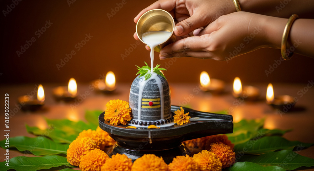 Maha Shivaratri Ritual Pouring Milk On Shiva Lingam With Oil Lamps maha-shivaratri-ritual-pouring-milk-on-shiva-lingam-with-oil-lamps