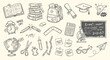 © MH HASIB - Back to school icons set with hand drawn education supplies and science symbols in a doodle sketch style. A vector illustration collection for classroom posters, websites and study materials.