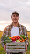 © Acronym - Farmer with a vegetable box in front of a sunset agricultural landscape. Man in a countryside field. Country life, food production, farming and country lifestyle concept.