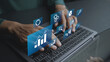 © Pakin - Digital big data and BI platform with virtual charts, graphs and analytics icons. Business professional monitoring performance, trends and insights through advanced data technology.