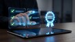 © CuteBee - A person interacts with a holographic display showing checkmarks and a quality assurance badge above a laptop high quality professional detailed modern