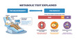© VectorMine - Metabolic test overview shows patient with respiratory mask, analyzer screen, and TDEE breakdown (RMR, TEF, PA) to explain energy expenditure flow. Outline diagram