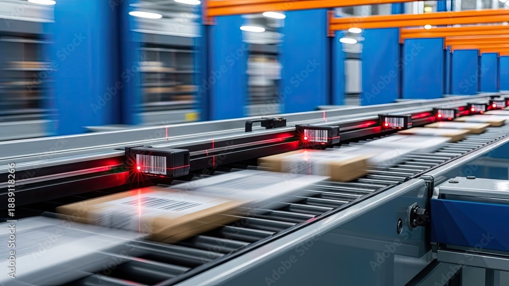 Automated sorting system with laser scanners and conveyor belts in a ...