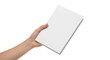 © Mobarak - Hand holding white blank book cover, offering empty notebook, reading education concept, study or writing gift