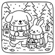 © AmazingArt - A cozy illustration of a dog and a rabbit wearing scarves, enjoying a winter scene with trees and lanterns, perfect for seasonal coloring activities.