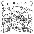 © AmazingArt - A cozy scene with cute animals around a campfire, enjoying gifts under a starry sky, perfect for a festive coloring activity.