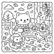 © AmazingArt - A cozy scene featuring a cat and a hedgehog enjoying tea together outdoors amidst falling leaves and a cheerful bird.