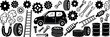 © GMZ - Black hand drawn doodle style car with wrench tools tires gears ladder and smoke icons set isolated