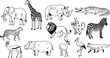 © GMZ - Black and white line art of wild african animals including elephant giraffe lion zebra and crocodile in simple style