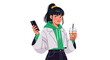 © Steven - Young woman holding smartphone and beverage in casual attire standing alone