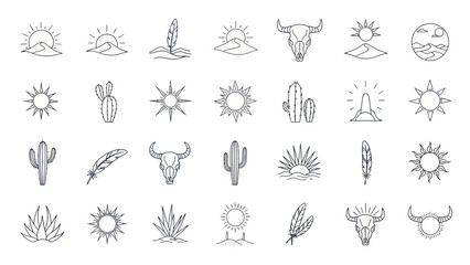 Naklejka na meble Boho Desert Icons: Sun, Cactus, Buffalo Skull, Feathers, Waves