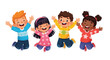 © Haris Lost - A colorful cartoon illustration of happy children jumping with cheerful expressions. Bright clothes, cute rounded shapes, vibrant colors, and a fun, energetic style on a white background.