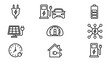 © Shery  - Minimalist line art icon set featuring electric vehicle charging stations, EV battery indicators, solar energy panels, home charging, and power grid symbols for sustainable green transportation.