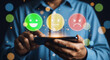 © Abuzar - Customer satisfaction feedback concept showing person using mobile phone to select emotion face rating with happy, neutral, sad smiley icons representing service review and user experience evaluation