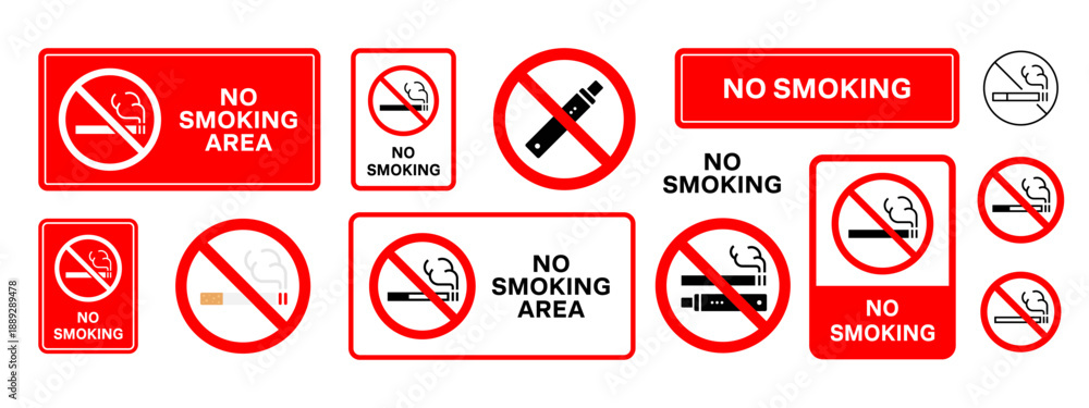No smoking sign collection. Prohibition signs with cigarette, electronic cigarette and smoke symbols and text. Smoking forbidden notices for public places. Tobacco restriction signs for indoor areas.