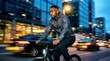 © Pixel Spark - Black man riding electric bicycle on city street at night