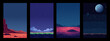 © hiten666 - Four different pixel art space landscapes with alien planets and starry night sky backdrop views. Retro game background concept