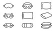 © Marcus - Minimalist Line Art Vector Icon Set Featuring Various Sleep Masks and Pillows for Bedroom Comfort, Relaxation, and Travel Wellness, Including Orthopedic, Bolster, and Decorative Designs.