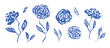 © Tatahnka - Set of hand drawn textured blue ink rose or peony flowers and leaves. Sketch vector grunge floral blossoms and grass elements, symbols for pattern design, greeting card decoration, logo, tattoo