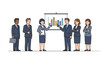 © Rizu944 - Illustration of a diverse group of business professionals standing in front of a colorful bar chart on a projector screen in a presentation setting with a clean white background.